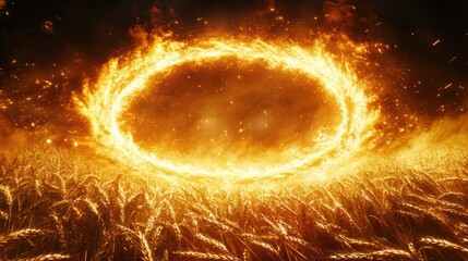 Obraz premium Fiery Portal Wheat Field, intense ring of flames hovers dramatically, illuminating golden crops, surreal landscape atmosphere