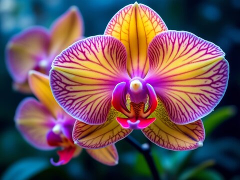 Close-up of a vibrant orchid flower with detailed petals, showcasing intricate patterns in shades of yellow, pink, and purple, against a soft, blurred background