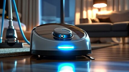 A close-up of a futuristic robotic vacuum cleaning a modern living room floor. Concept of convenience and the integration of smart technology in home care.