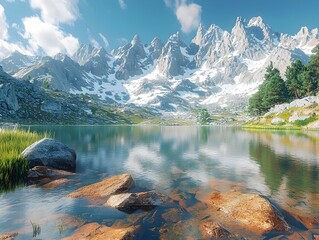 A serene mountain landscape featuring a crystal-clear lake surrounded by rocky shores and majestic snow-capped peaks under a bright blue sky.