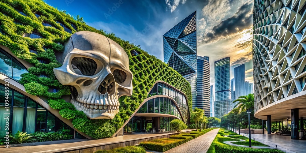 Poster captivating architectural photography of a modern building with intricate skull design elements blen