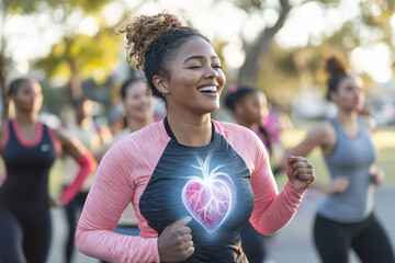 African American woman and group of friends at the back Exercise by dancing At the outdoor garden in the morning with a heart x-ray image in the concept cardiovascular