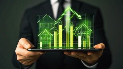 Businessman interacting with a glowing upward arrow on virtual real estate graph with house icons.