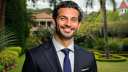 A successful man exuding confidence in a garden with luxurious landscaping. Concept of success and professional pride.