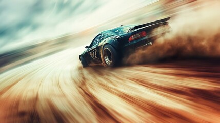 A car racing past the camera on a track, leaving a trail of dust and blurred surroundings due to high speed.