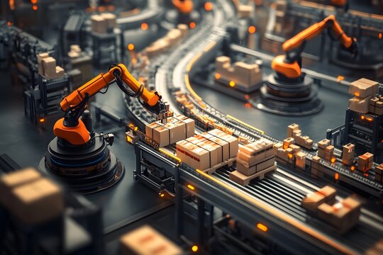 A modern automated warehouse with robotic arms sorting and packaging goods on conveyor belts.