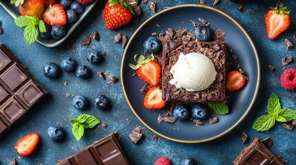 An overhead shot of a decadent brownie dessert topped with a scoop of vanilla ice cream, surrounded by chocolate shavings and fresh fruit.