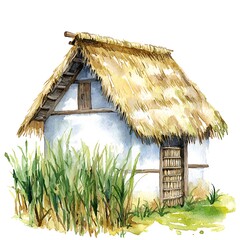 Watercolor painting of a charming thatched-roof cottage nestled amongst tall grasses.
