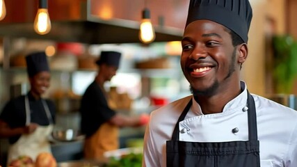 A smiling African American professional chef in a bustling kitchen environment with a joyful demeanor. Concept of diversity, culinary mastery and team collaboration.