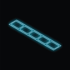 Blue neon sign of a film strip shining on a black background, great for any project needing a retro touch