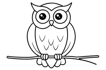 owl sitting on a branch large round eyes line art vector silhouette on white background