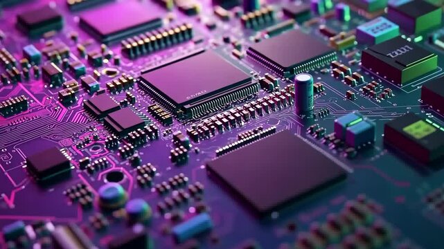 Close-up view of a colorful circuit board with intricate details and electronic components in a high-tech setting