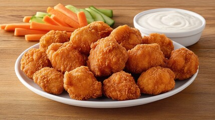 An overhead view of a plate of fried chicken wings coated in a spicy glaze, surrounded by colorful vegetable sticks and a bowl of creamy ranch dressing.