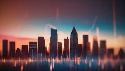 graph financial background with bokeh effect, featuring a blue color scheme with upward trending lines, overlaying a blurred city skyline at sunset create with ai