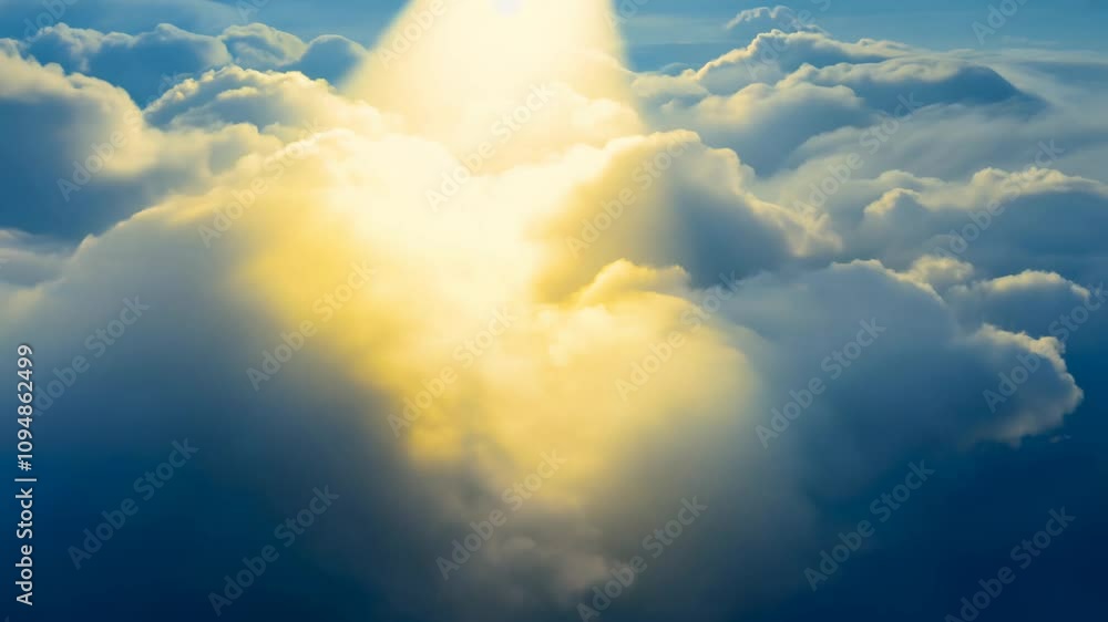 Poster camera slowly rotates as clouds part, revealing ethereal light. rays pierce through, creating a divi