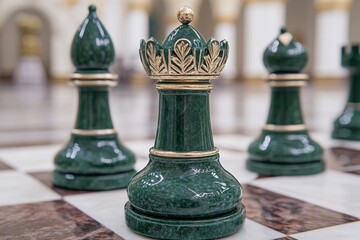 Elegant green chess pieces positioned on marble board in a luxurious setting