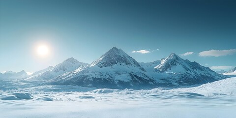A breathtaking winter landscape showcasing majestic snow-capped mountains under a clear blue sky, illuminated by the soft glow of the sun, creating a serene and tranquil atmosphere.