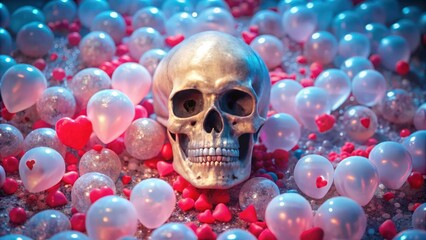 Human Skull Amidst Hearts and Balloons
