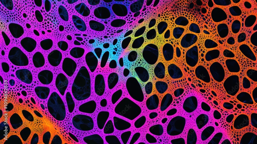 Poster abstract colorful pattern resembling interconnected organic shapes on a dark background.