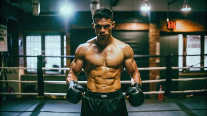 Muscular Boxer in Boxing Ring with Gloves