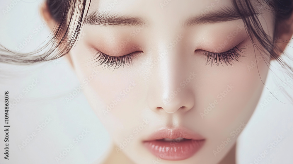 Poster 若くて綺麗なアジア人女性モデル。目を瞑っているシーンをクローズアップした美容撮影。