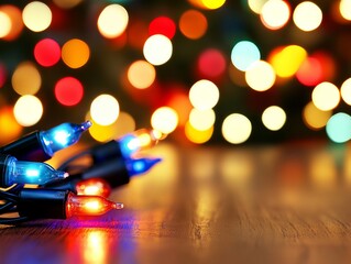 A bunch of colorful lights on a wooden table