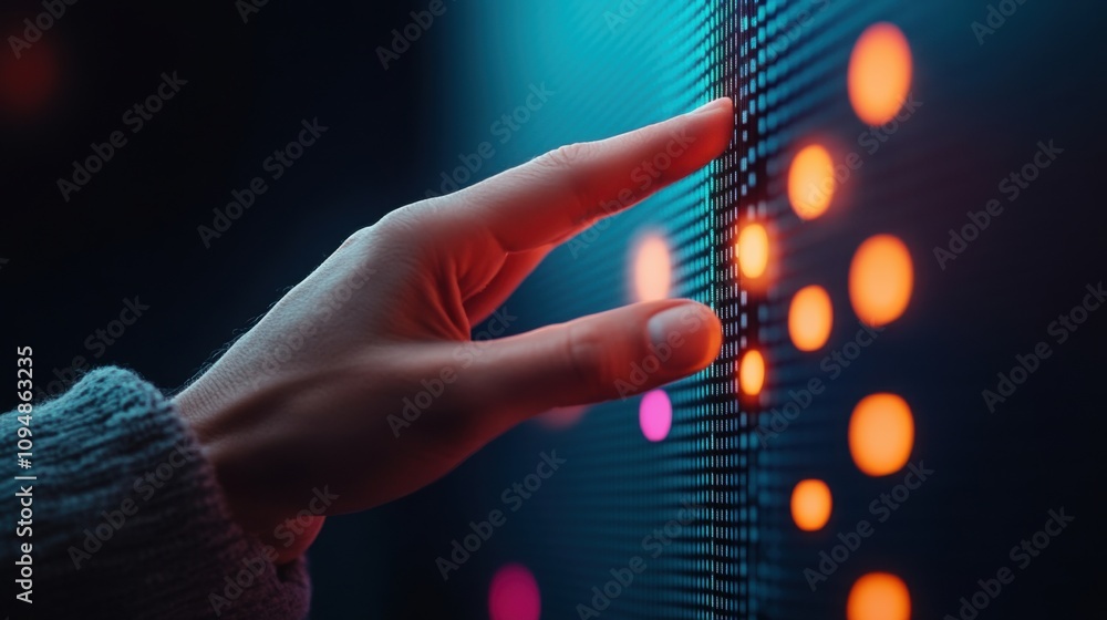 Poster close-up of a hand touching colorful digital display with bright dots and technological background, 