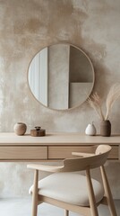 Modern minimalist room interior design in light colors with round mirror on the wall