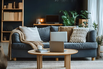 Comfortable sofa and coffee table with laptop in interior of living room