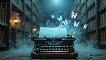 Magic Typewriter: Luminous Butterflies Flying in Fantasy Library.