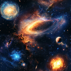 Obraz premium Seamless Photorealistic Rendering of a Cosmic Scene Featuring New Planets and Galaxies for Scientific Discovery and Exploration in High Quality