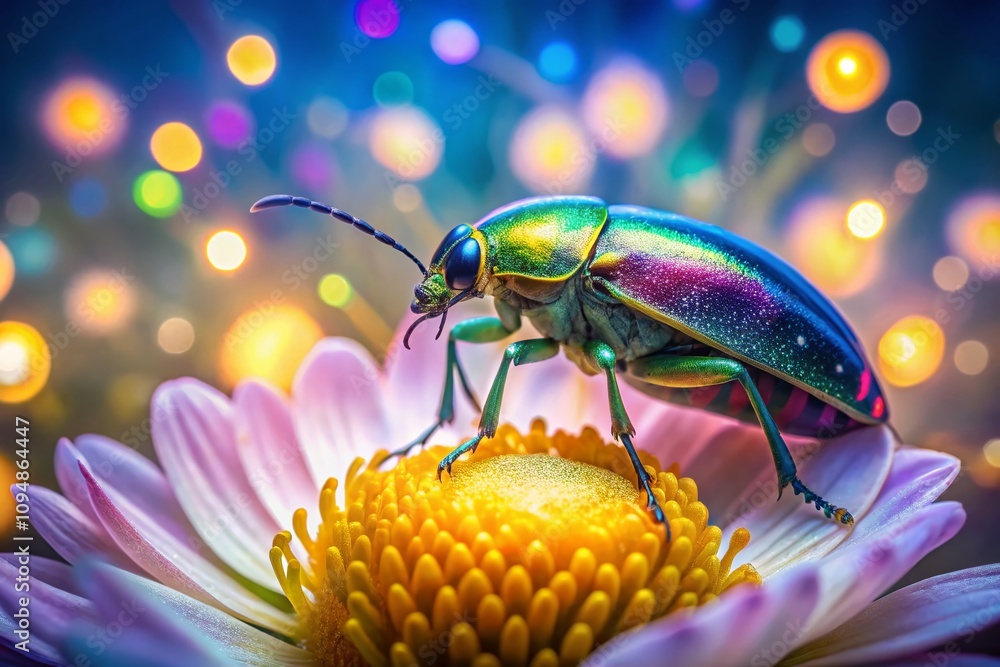 Poster captivating close-up of a colorful flower bug resting on a petal with a beautiful bokeh effect in th