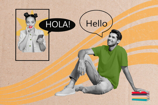Composite photo collage of two happy girl guy distance communication hola hello greeting bubble book talk isolated on painted background