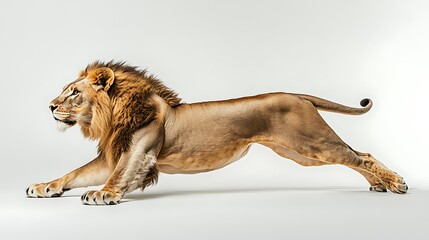 A lion stretching with its front paws extended and body arching on a white background