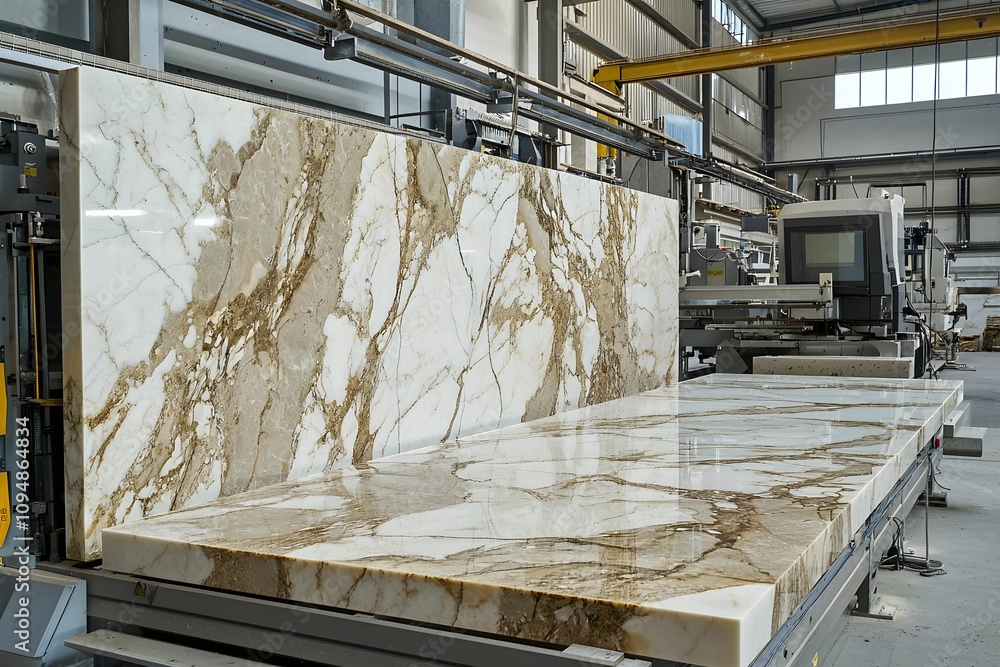 Poster large marble slabs being processed in a modern factory setting