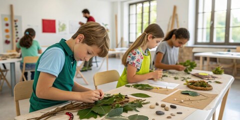 Elementary school students are concentrating on creating artworks using natural materials like leaves. Twigs. And stones during an engaging art class. Fostering creativity and environmental awareness