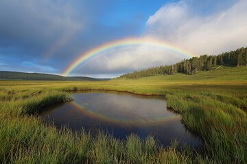 A captivating rainbow reflects over a calm water pond amidst nature.