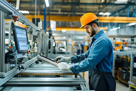 Worker inspecting equipment in a modern manufacturing facility