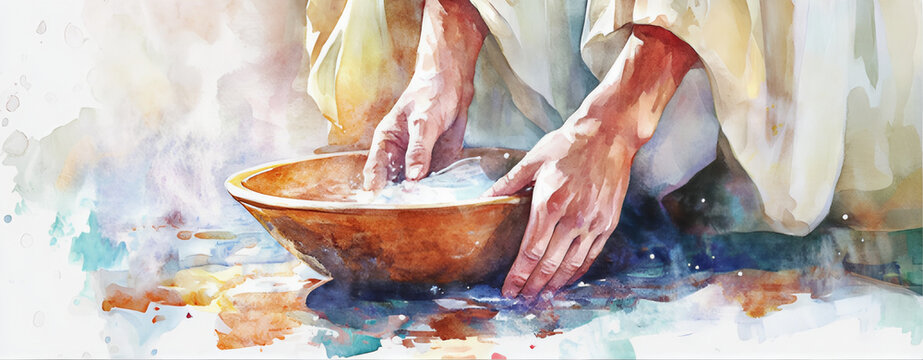 Biblical Watercolor of Jesus Washing Feet. Holy Thursday Maundy Scene from New Testament. Jesus with Water Basin Wash His Disciples Feet. Humility in serving others