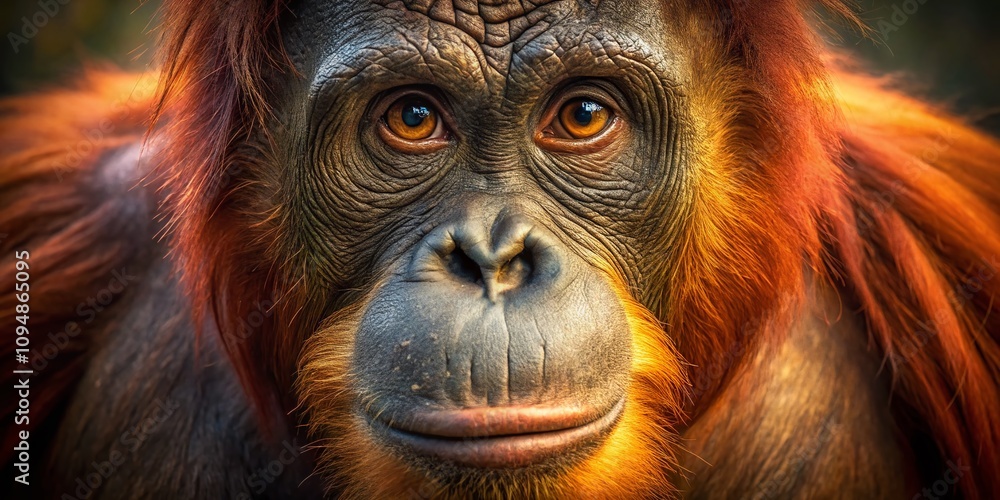 Poster captivating close-up of an orangutan face in low light, showcasing intricate expressions and texture
