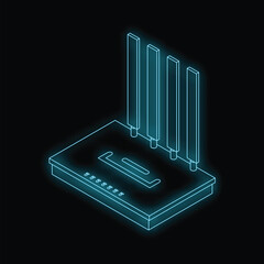 Neon router glowing on a dark background representing internet connection and modern technologies