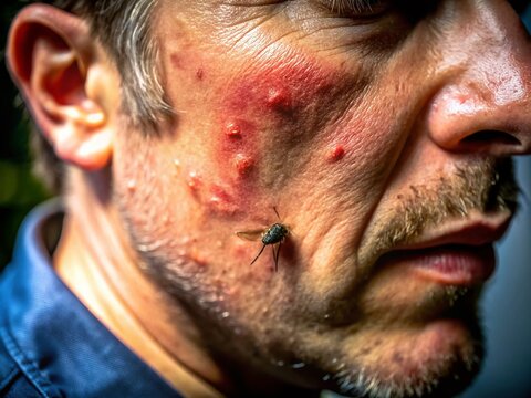 Captivating Close-Up of an Insect Sting Reaction in Low Light Conditions, Highlighting Allergic Responses with Intense Focus on Skin and Swelling Effects for Medical and Educational Use