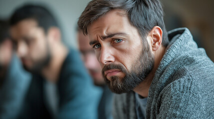 Fototapeta premium Support group man with pensive expression sitting during emotional discussion