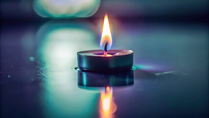 A Single Candle Flame Reflecting on a Dark Surface