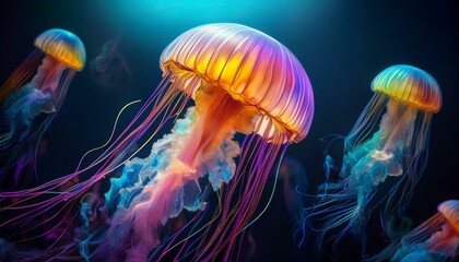 Fototapeta premium Illustration of surreal psychedelic colored jellyfish swimming in the darkness, abstract concept