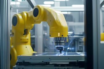 Fototapeta premium Yellow robotic arm working on precision manufacturing tasks