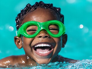 Fototapeta premium A young boy wearing a pair of green swimming goggles in a pool