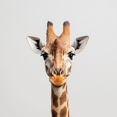 Naklejka premium A close-up portrait of a giraffe, showcasing its distinct patterns and expressive eyes against a simple, light background.
