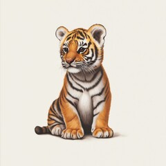 Naklejka premium A cute, illustrated tiger cub sitting, showcasing its striking orange and black stripes against a neutral background.