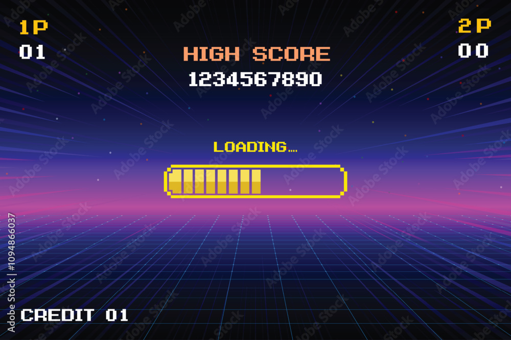 Aufkleber loading bar. pixel art. 8 bit. retro futurism sci-fi background. glowing neon grid and star from vin